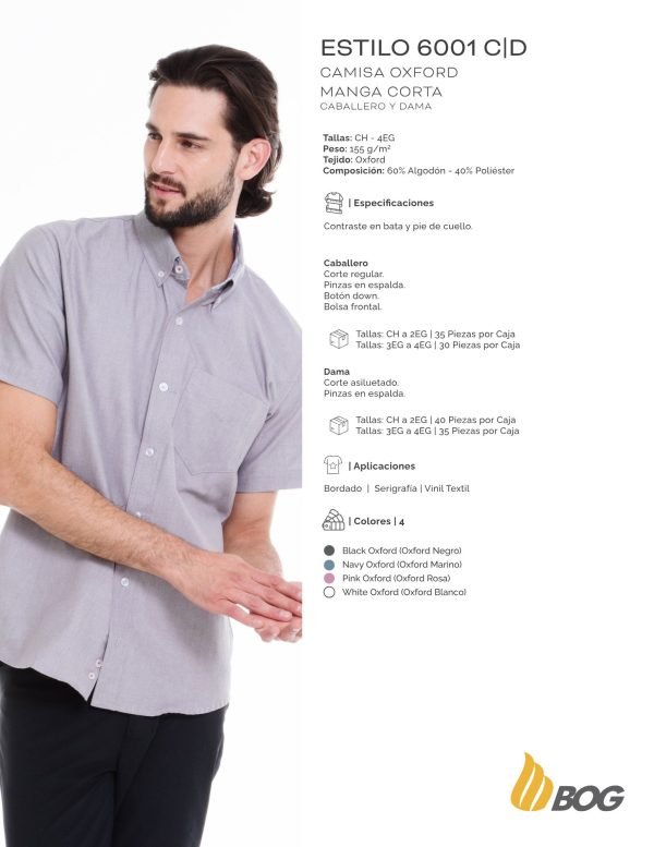 Camisa Oxford manga corta para dama y caballero PLAYERYTEES 6001 C