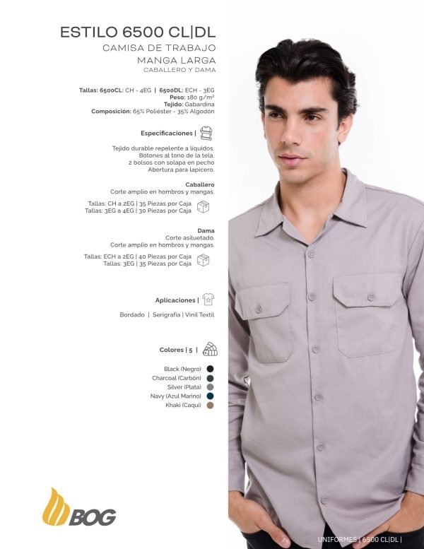 Camisa de trabajo manga larga para caballero PLAYERYTEES 6500 CL