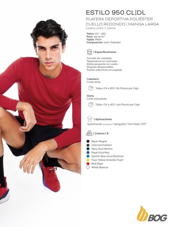 Playera deportiva para caballero cuello redondo manga larga PLAYERYTEES 950 CL|DL