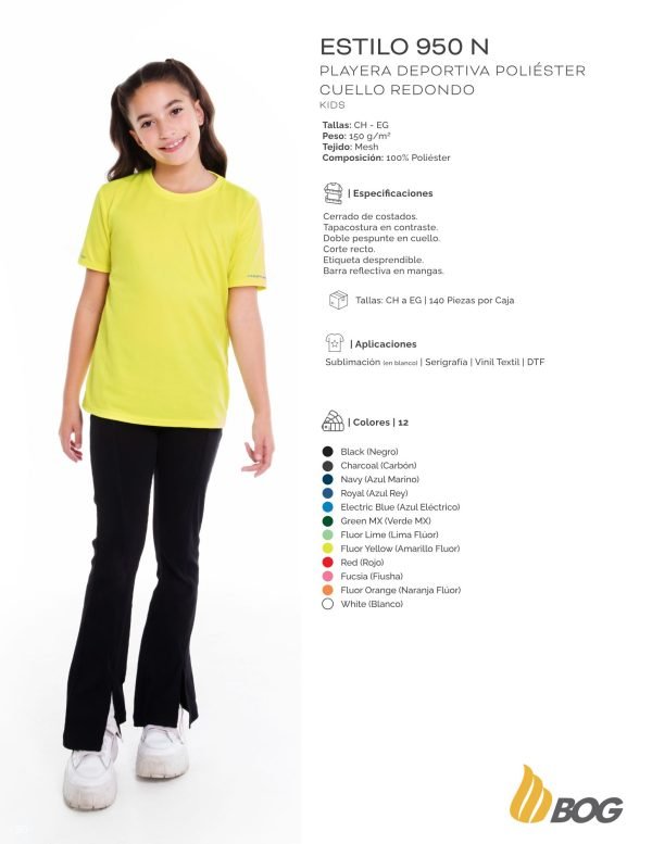 Playera deportiva para niña cuello redondo PLAYERYTEES 950 N